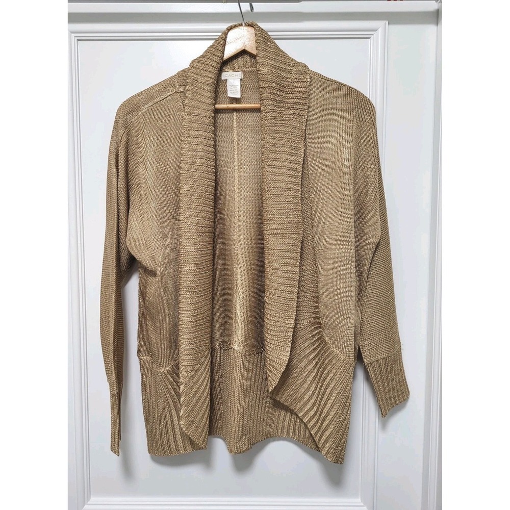 Vtg Cache Gold Metallic Open Mid Length Cardigan Sweater Sz M